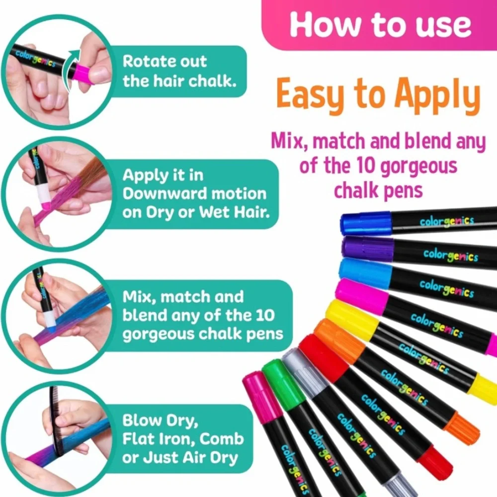 Colorgenics Set of 10 Hair Chalk Pens with 3 Bonus Glitters